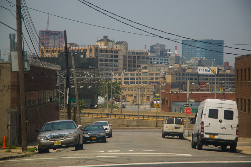 An industrial, warehousey part of a city